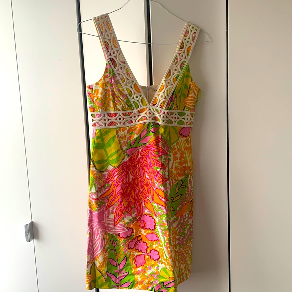 Trina Turk Pink, Green & Yellow Floral V-Neck Dress